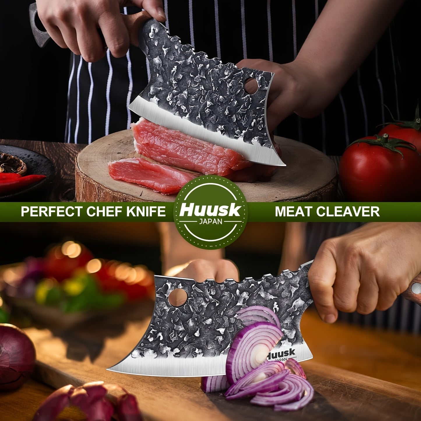 Huusk Japan Knife Hand Forged Meat Cleaver for Meat Cutting Creative Asian Knife for Vegetables Viking Knives with Sheath Camping Knife for Kitchen and Restaurant Use Christmas Gift