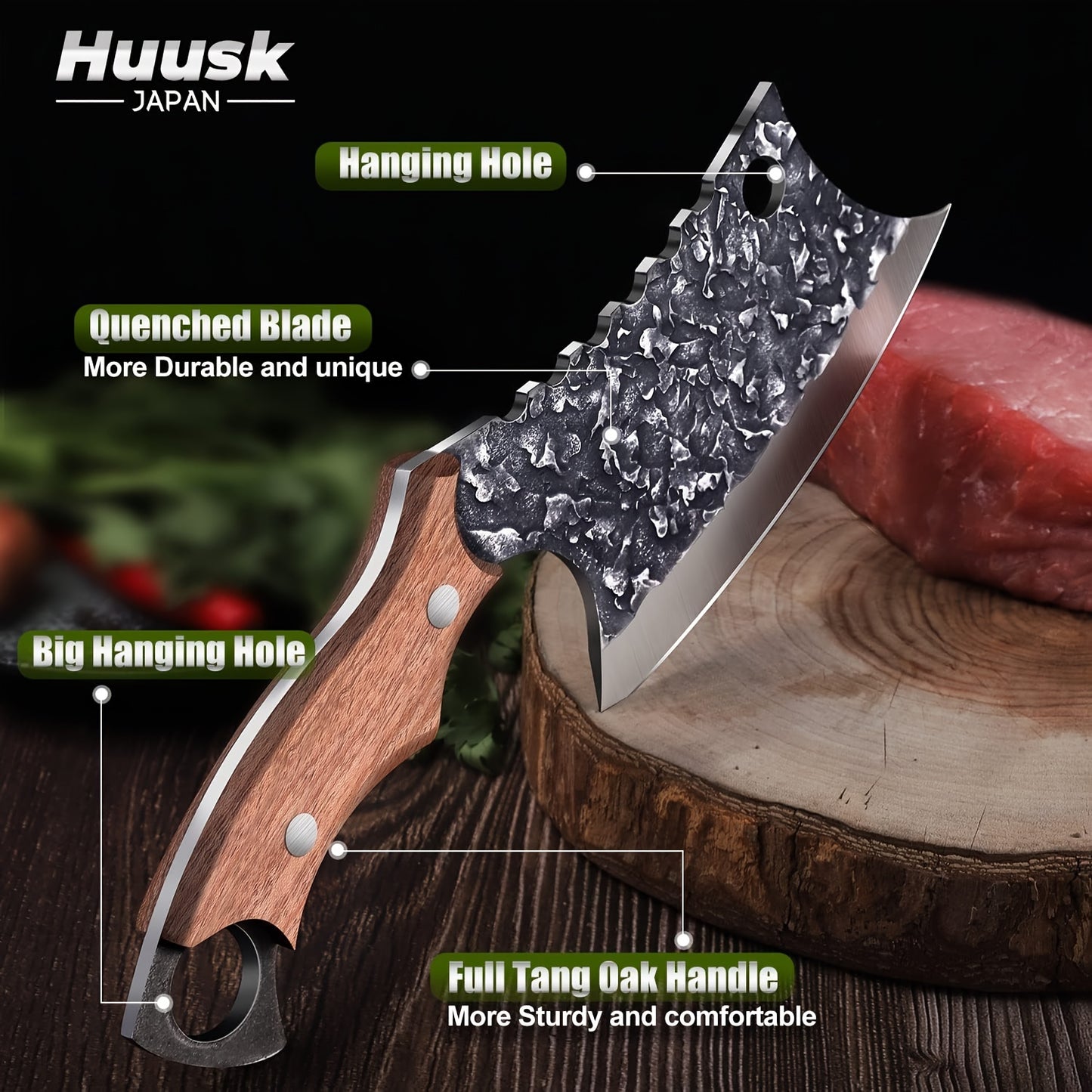 Huusk Japan Knife Hand Forged Meat Cleaver for Meat Cutting Creative Asian Knife for Vegetables Viking Knives with Sheath Camping Knife for Kitchen and Restaurant Use Christmas Gift