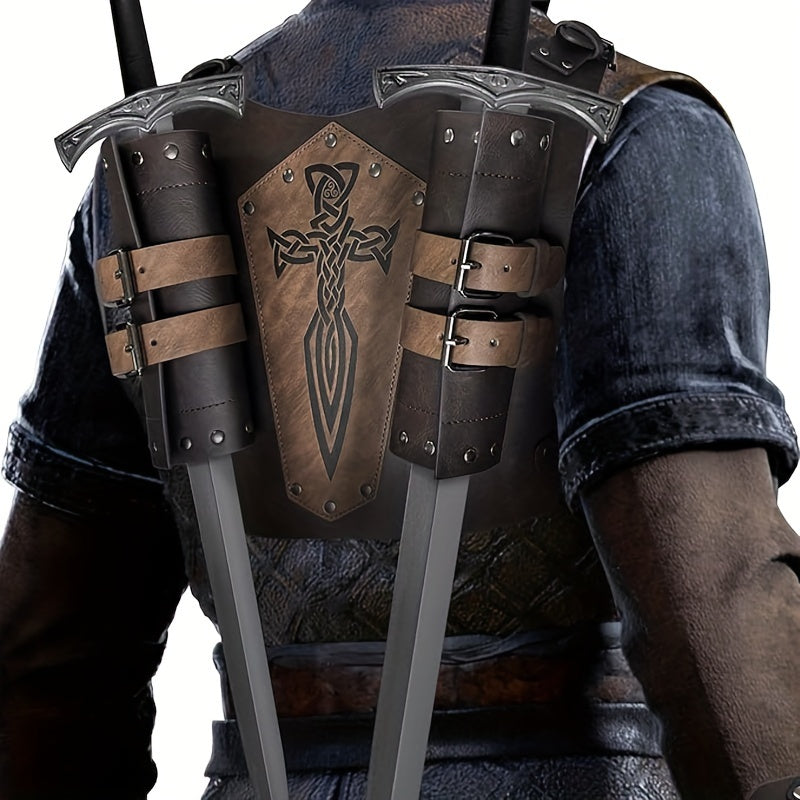 Medieval Viking-Inspired PU Leather Sword Sheath - Adjustable Renaissance Knight & Mercenary Dual Back Scabbard for Halloween, LARP, and Stage Costumes