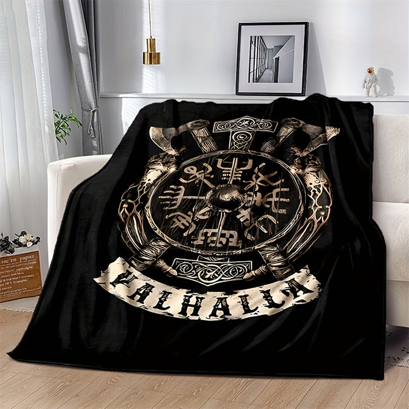 1pc Flanged Blanket, Retro Viking Logo Printing Blanket, Comfortable And Comfortable Blanket, For Camping Sofa Bed And Couch Office, Suitable For Gift Blankets In All Seasons