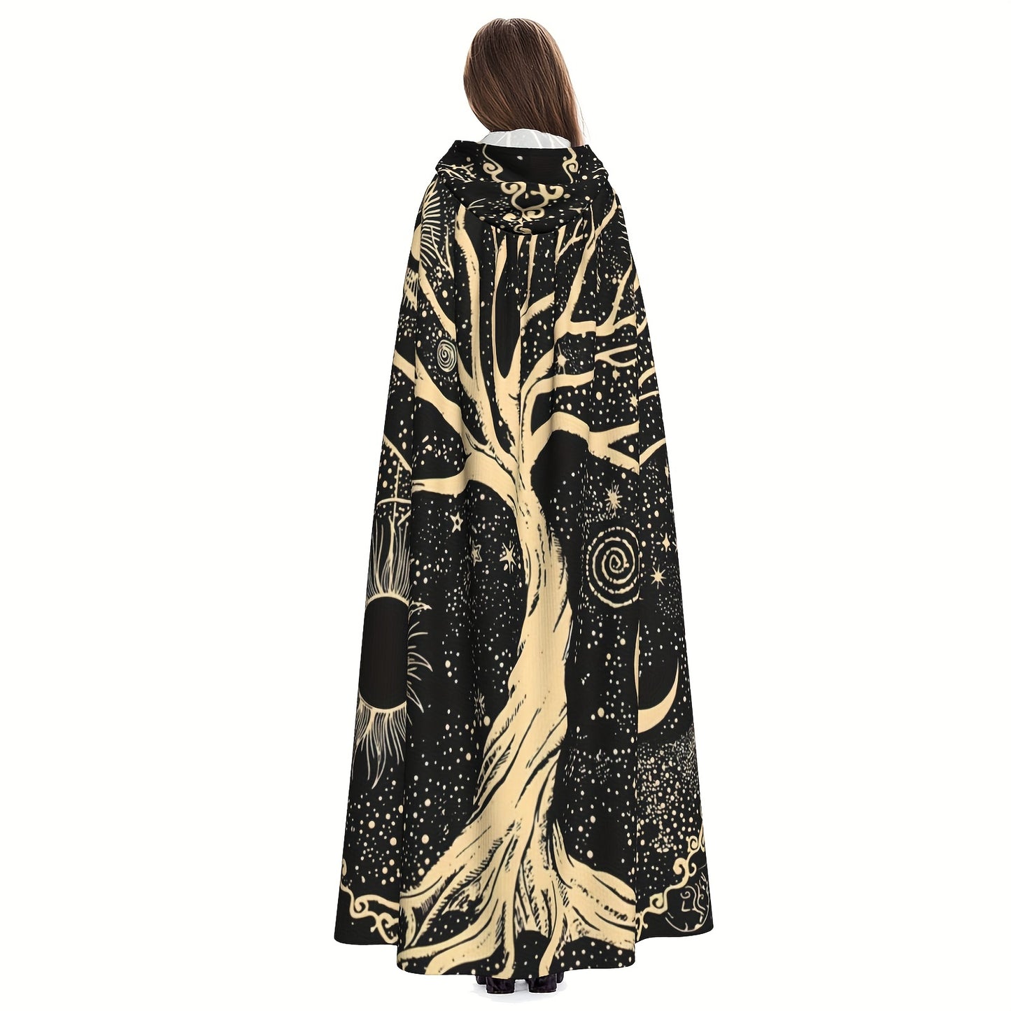 1pc, Nordic Style Viking Goddess Tenacious Life Tree Sun And Moon Black And White Star, Hooded Robe Cloak Shawl Cosplay For Adult Men Women, Party Favors Supplies Dresses Clothes Gifts, 58*60inch