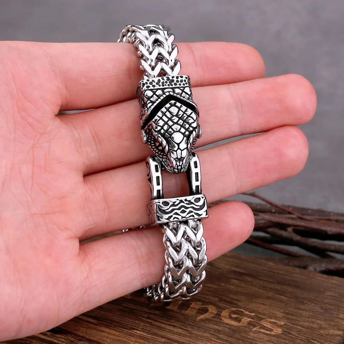 1pc Vibrant Nordic Viking Stainless Steel Snake Head Charm Bracelet - Durable, Colorfast, Punk-Inspired Jewelry for Men - Fashionable Gift Idea