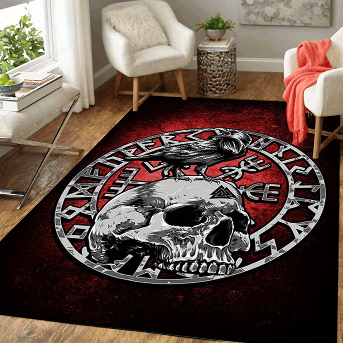 Boho Black Viking Carpet: Retro Raven Tarot Witchcraft Floor Mat for Bedroom, Living Room, Dorm, Halloween Decor - Abstract Wall Art Rug with Mysterious and Witchcraft Design