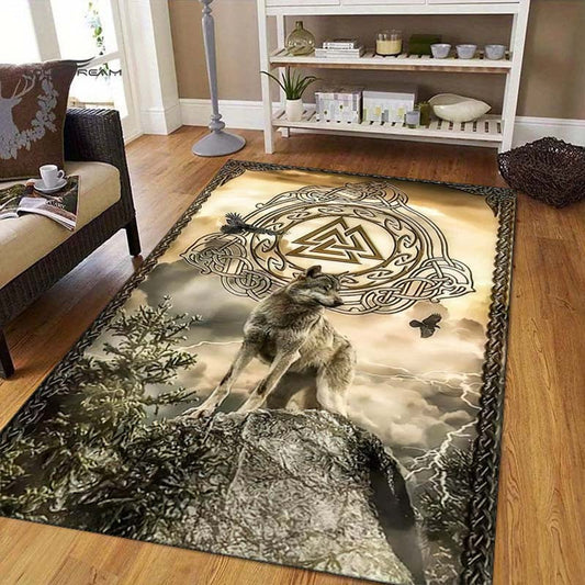 Luxurious Viking Wolf Crystal Velvet Area Rug - Perfect For Living Room, Bedroom, Gaming Den & Dorms, 800G/M², Large Size