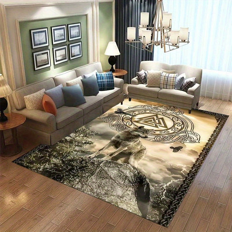 Luxurious Viking Wolf Crystal Velvet Area Rug - Perfect For Living Room, Bedroom, Gaming Den & Dorms, 800G/M², Large Size