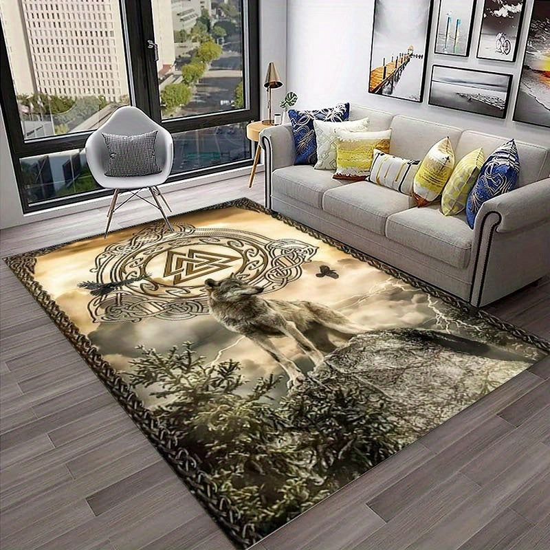 Luxurious Viking Wolf Crystal Velvet Area Rug - Perfect For Living Room, Bedroom, Gaming Den & Dorms, 800G/M², Large Size