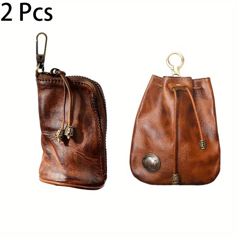 2pcs/ set Viking Wallet Sporran Leather Key Bag Men's Retro Waist Hanging Cowhide Simple Large Capacity Bucket Bag Multifunctional Zipper Key Bag Viking Wallet