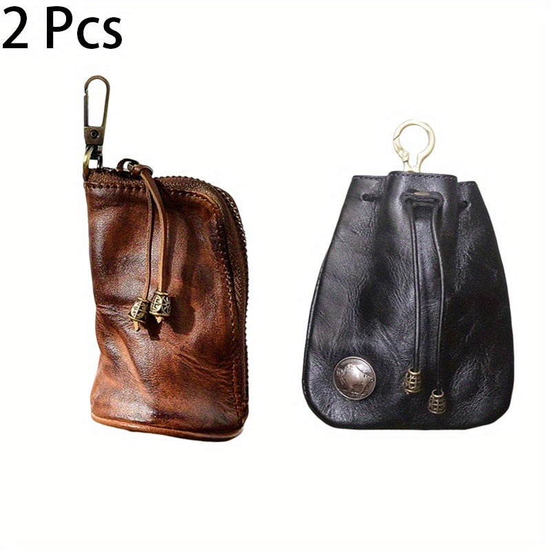 2pcs/ set Viking Wallet Sporran Leather Key Bag Men's Retro Waist Hanging Cowhide Simple Large Capacity Bucket Bag Multifunctional Zipper Key Bag Viking Wallet