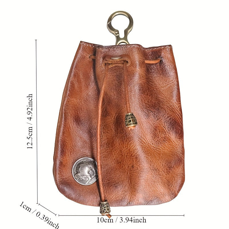 2pcs/ set Viking Wallet Sporran Leather Key Bag Men's Retro Waist Hanging Cowhide Simple Large Capacity Bucket Bag Multifunctional Zipper Key Bag Viking Wallet