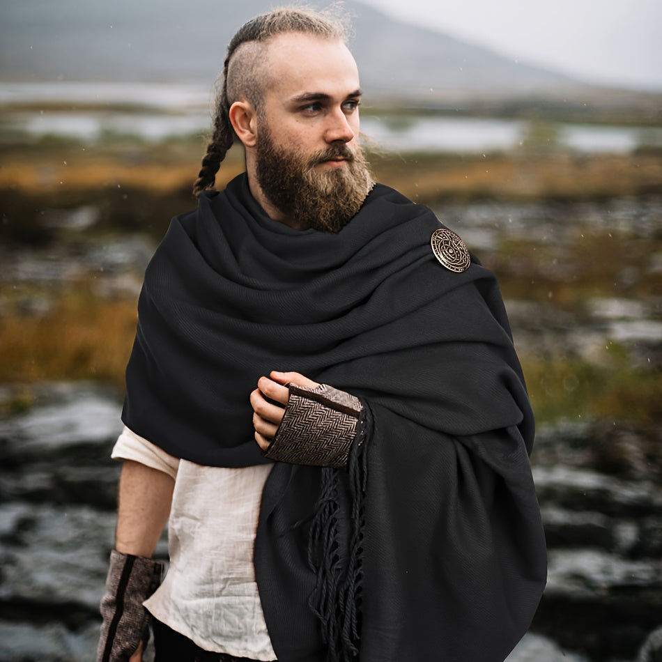 L'VOW Authentic Red Medieval Half Shoulder Cape with Viking Brooch - Durable Polyester, Fringe Detail, Perfect for Men & Women Halloween Cosplay & Renaissance Fairs, Halloween Costumes