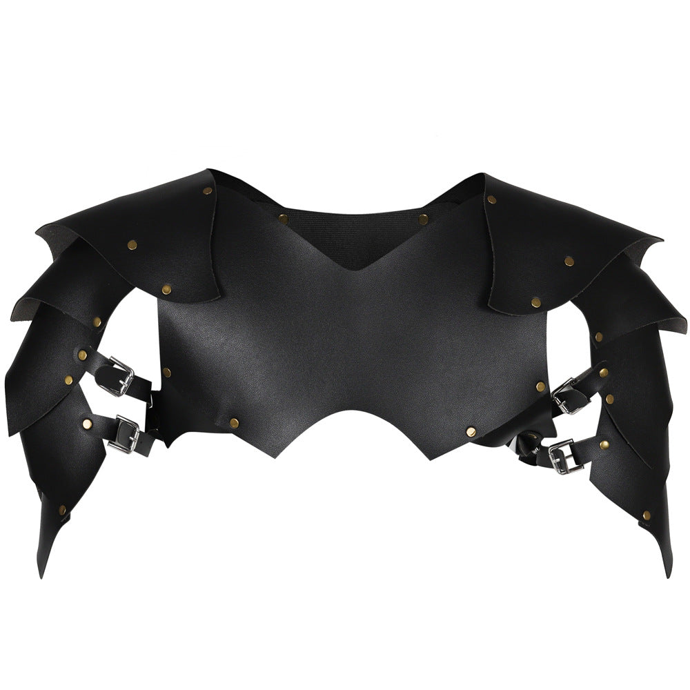 Medieval Viking Knight & Roman Legion Gladiator PU Leather Pauldrons - Funky Style Shoulder Armor Breastplate with Golden Rivets, LARP Cosplay Costume Accessory for Historical Reenactment Props