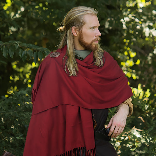 L'VOW Authentic Red Medieval Half Shoulder Cape with Viking Brooch - Durable Polyester, Fringe Detail, Perfect for Men & Women Halloween Cosplay & Renaissance Fairs, Halloween Costumes