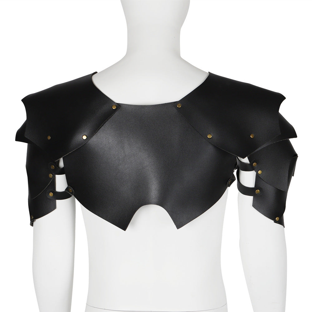 Medieval Viking Knight & Roman Legion Gladiator PU Leather Pauldrons - Funky Style Shoulder Armor Breastplate with Golden Rivets, LARP Cosplay Costume Accessory for Historical Reenactment Props
