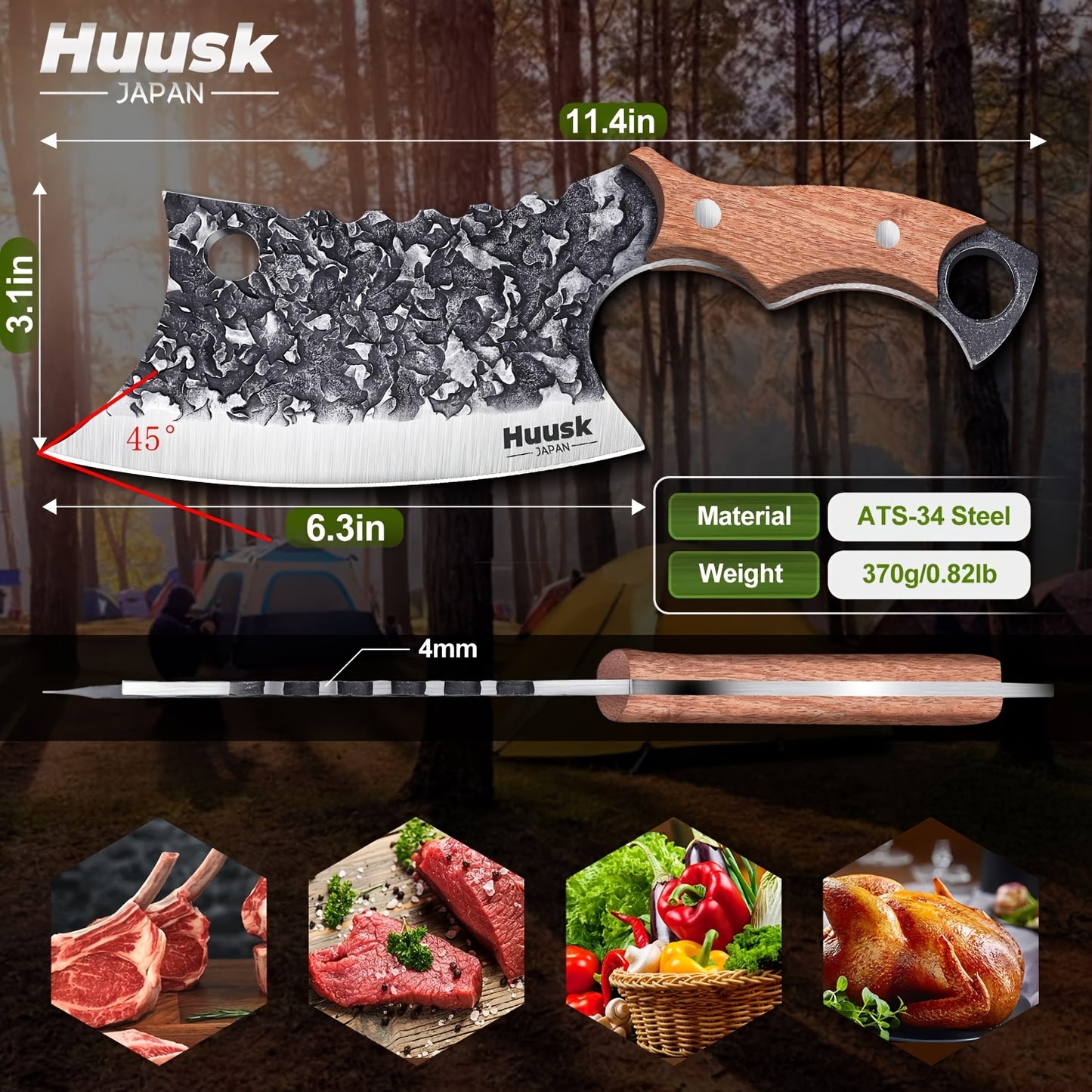 Huusk Japan Knife Hand Forged Meat Cleaver for Meat Cutting Creative Asian Knife for Vegetables Viking Knives with Sheath Camping Knife for Kitchen and Restaurant Use Christmas Gift