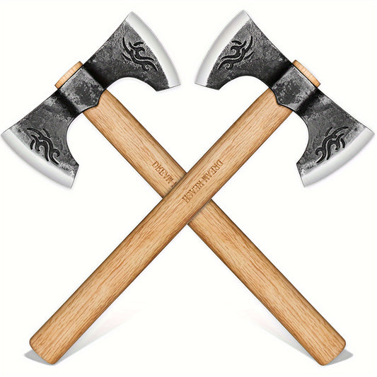 2-Pack Viking Axe Set - Hand Forged, Double Sided, 16" Professional Axes with Wooden Handle for Chopping Wood, Gardening, Bushcraft, Carving, and Backyard Projects - Durable, Rust-Resistant, and Balanced for Efficient Use