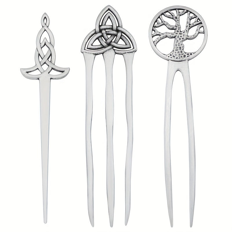 1pc Vintage Viking Style Hairpin Tree Of Life Hairpin Celtic Knot Crescent Moon Silvery Hair Stick Hair Accessories For Women