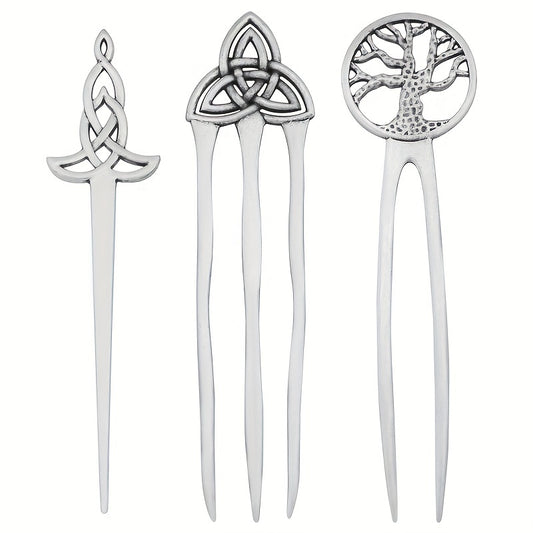 1pc Vintage Viking Style Hairpin Tree Of Life Hairpin Celtic Knot Crescent Moon Silvery Hair Stick Hair Accessories For Women