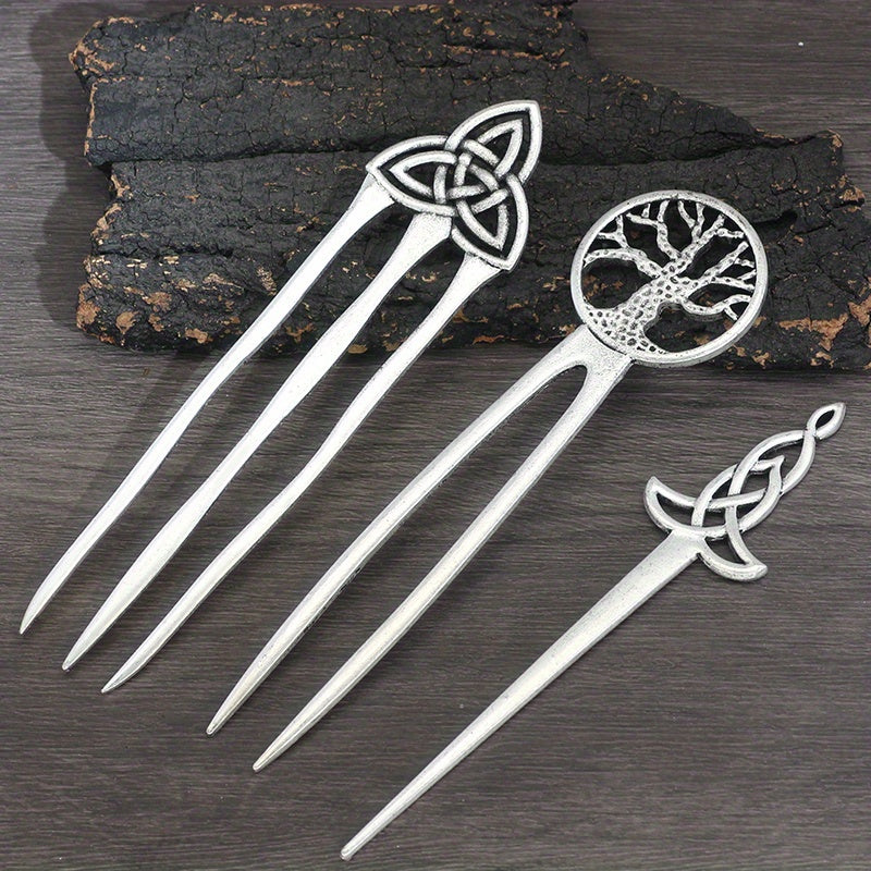 1pc Vintage Viking Style Hairpin Tree Of Life Hairpin Celtic Knot Crescent Moon Silvery Hair Stick Hair Accessories For Women