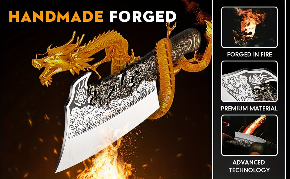 2lb Heavy Duty Dragon Butcher Knife - Chinese Chef's Cleaver for Meat Bone Cutting, 9.5" Big Viking Camping Chopper with Sheath, Perfect Birthday Father Mother Christmas Gift Idea for Men