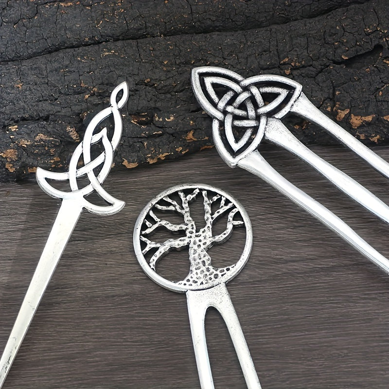1pc Vintage Viking Style Hairpin Tree Of Life Hairpin Celtic Knot Crescent Moon Silvery Hair Stick Hair Accessories For Women