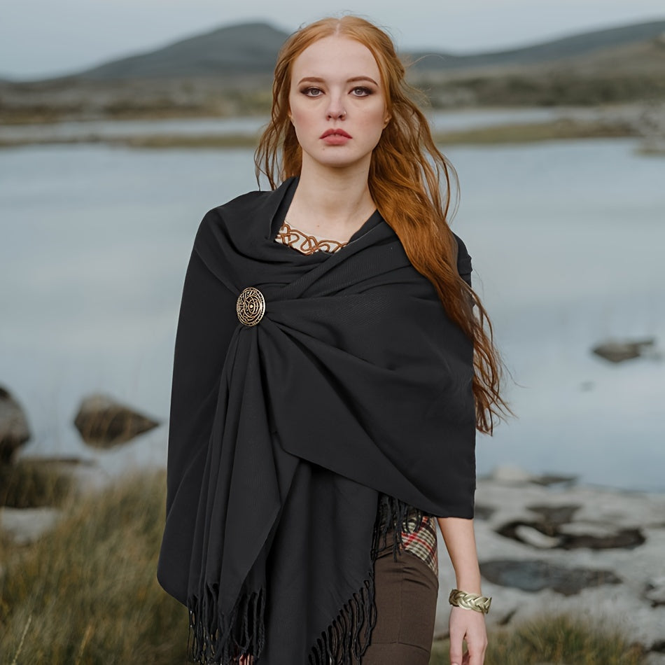 L'VOW Authentic Red Medieval Half Shoulder Cape with Viking Brooch - Durable Polyester, Fringe Detail, Perfect for Men & Women Halloween Cosplay & Renaissance Fairs, Halloween Costumes