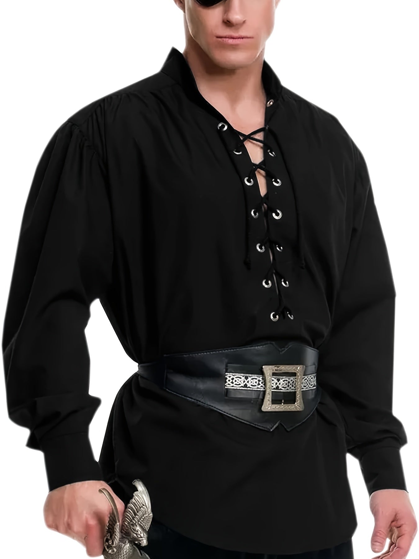 Plus Size Men's Medieval Pirate Shirt, Vintage Style Viking Renaissance Steampunk Halloween Scottish Lace Up Costume Top