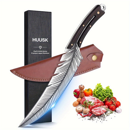 1pc, Huusk Sharp Feather Knife Hand Forged Viking High Carbon Steel Butcher Knife Boning Knife For Meat Cutting Japanese Chef Cooking Knife With Sheath For Kitchen Outdoor Camping