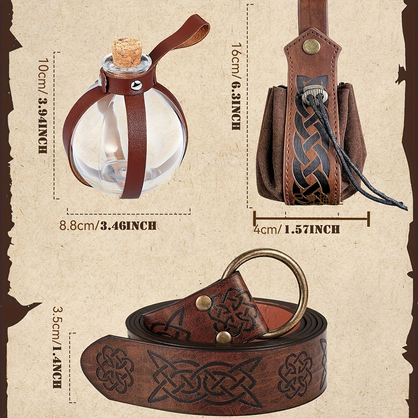 [Viking Costume Set] 6pcs Set Of Unisex Faux Fur Collar Viking Costume Outfit | Faux Fur Necktie, Faux Leather Belt, Gloves, Arm Bands - Medieval Viking Clothing, Renaissance King Warrior Cloak For Halloween LARP Role-playing