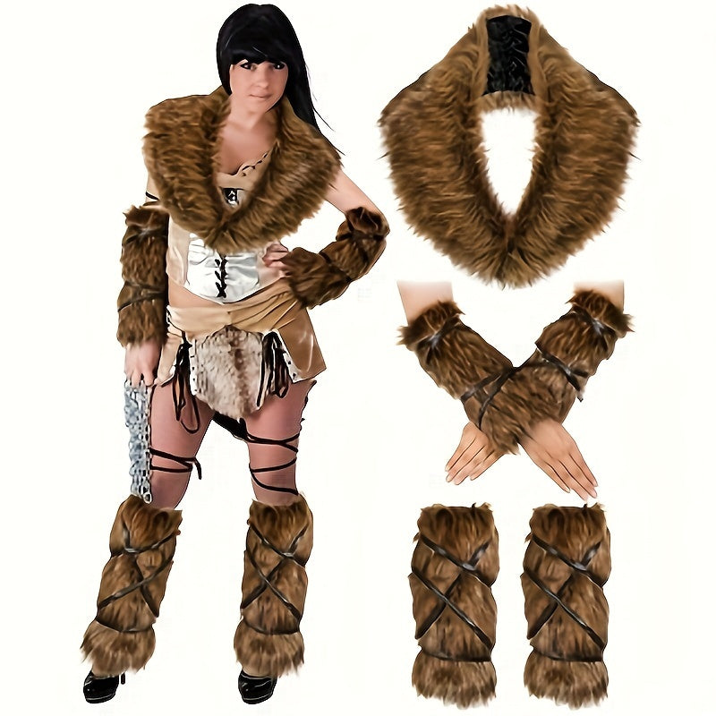 5pcs Viking Deluxe Faux Fur Accessories Set - Luxurious Collar, Leg & Hand Warmers - Authentic Style for Halloween Costume, Cosplay Events