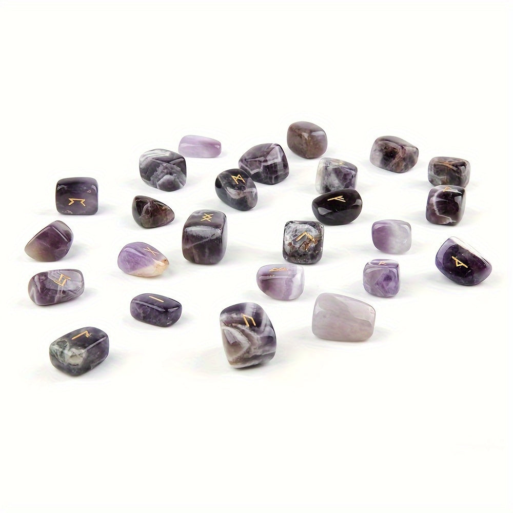 25pcs Natural Amethyst Futhark Viking Rune Stone Set, Engraved Letter Norse Witchcraft Healing Crystal Reiki Gemstones Irregular Shaped