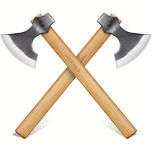 2-Pack Viking Axes Set - Hand Forged 16" Professional Bushcraft Axes with Durable Wooden Handle for Efficient Wood Chopping, Gardening, and Carving - Perfect for Backyard and Outdoor Activities