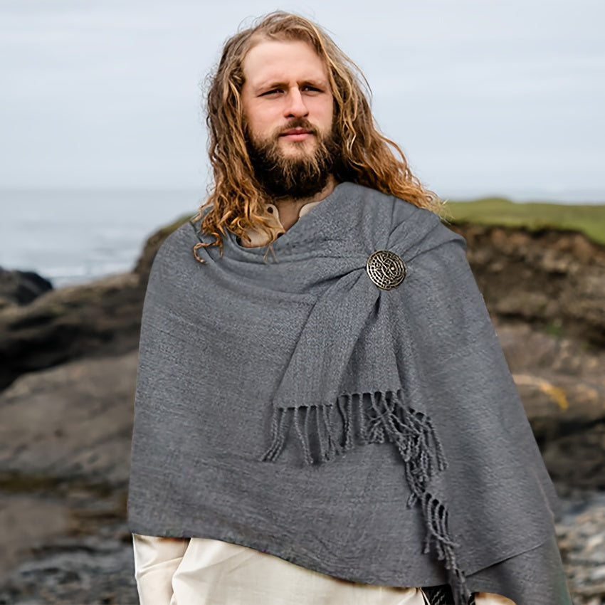 L'VOW Authentic Red Medieval Half Shoulder Cape with Viking Brooch - Durable Polyester, Fringe Detail, Perfect for Men & Women Halloween Cosplay & Renaissance Fairs, Halloween Costumes