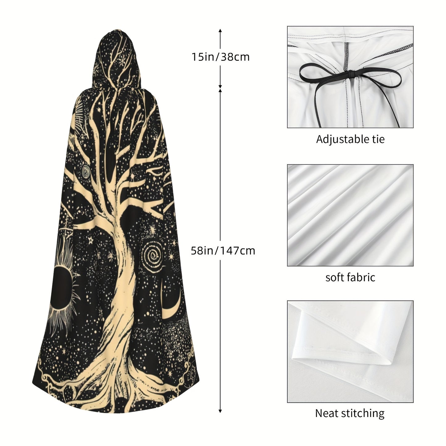 1pc, Nordic Style Viking Goddess Tenacious Life Tree Sun And Moon Black And White Star, Hooded Robe Cloak Shawl Cosplay For Adult Men Women, Party Favors Supplies Dresses Clothes Gifts, 58*60inch
