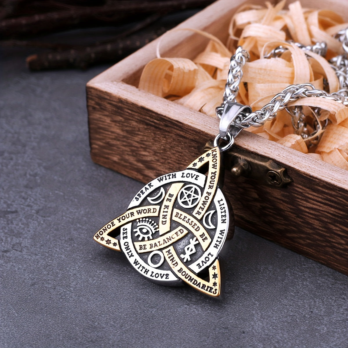 1pc Norse Viking Odin Trinity Pendant Necklace - Vintage Stainless Steel Amulet Jewelry for Men with Wooden Box
