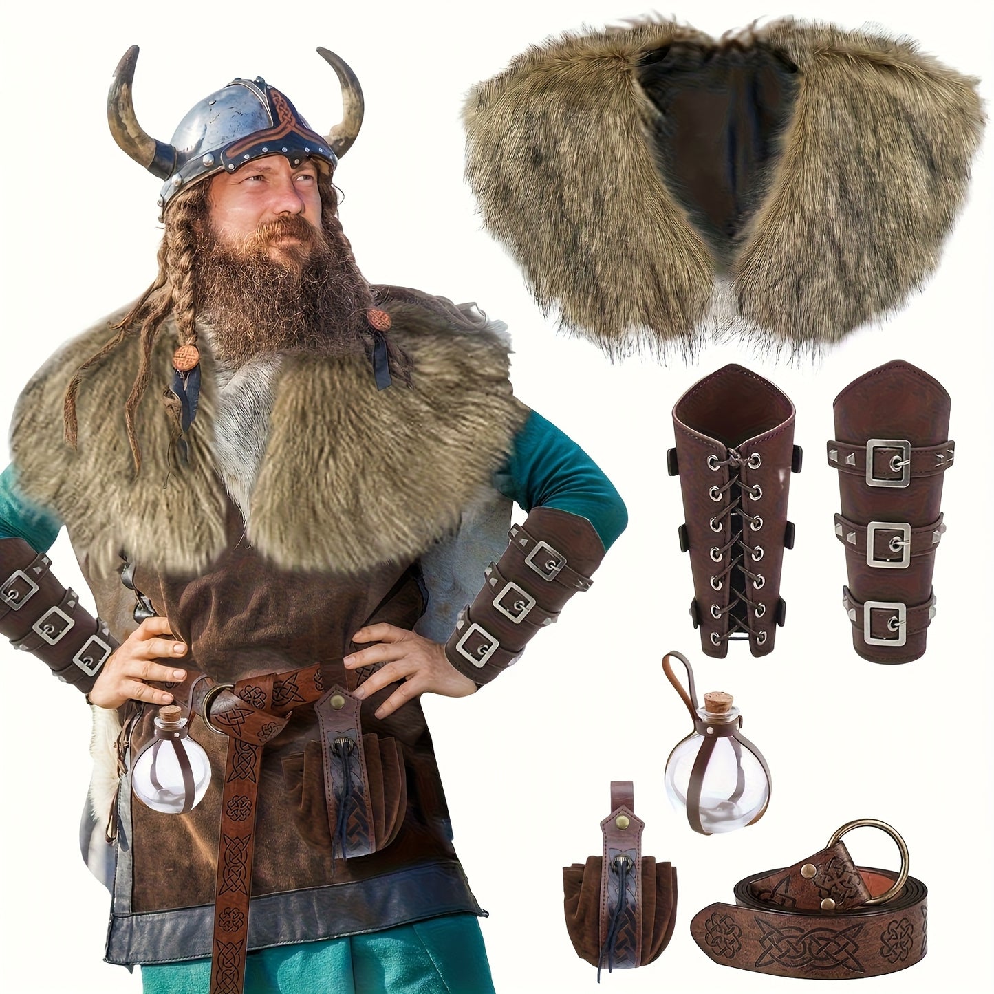 [Viking Costume Set] 6pcs Set Of Unisex Faux Fur Collar Viking Costume Outfit | Faux Fur Necktie, Faux Leather Belt, Gloves, Arm Bands - Medieval Viking Clothing, Renaissance King Warrior Cloak For Halloween LARP Role-playing