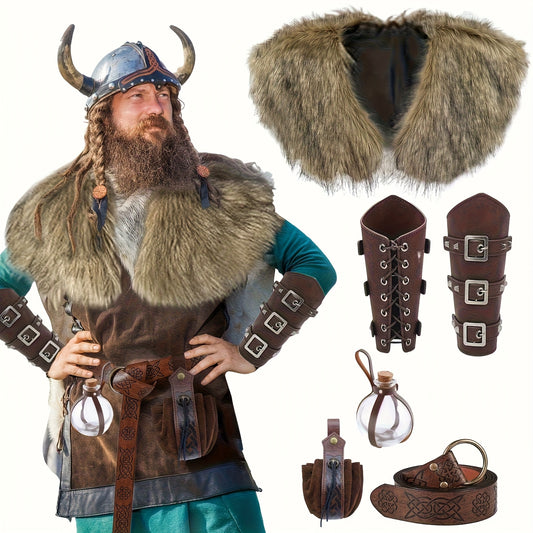 [Viking Costume Set] 6pcs Set Of Unisex Faux Fur Collar Viking Costume Outfit | Faux Fur Necktie, Faux Leather Belt, Gloves, Arm Bands - Medieval Viking Clothing, Renaissance King Warrior Cloak For Halloween LARP Role-playing