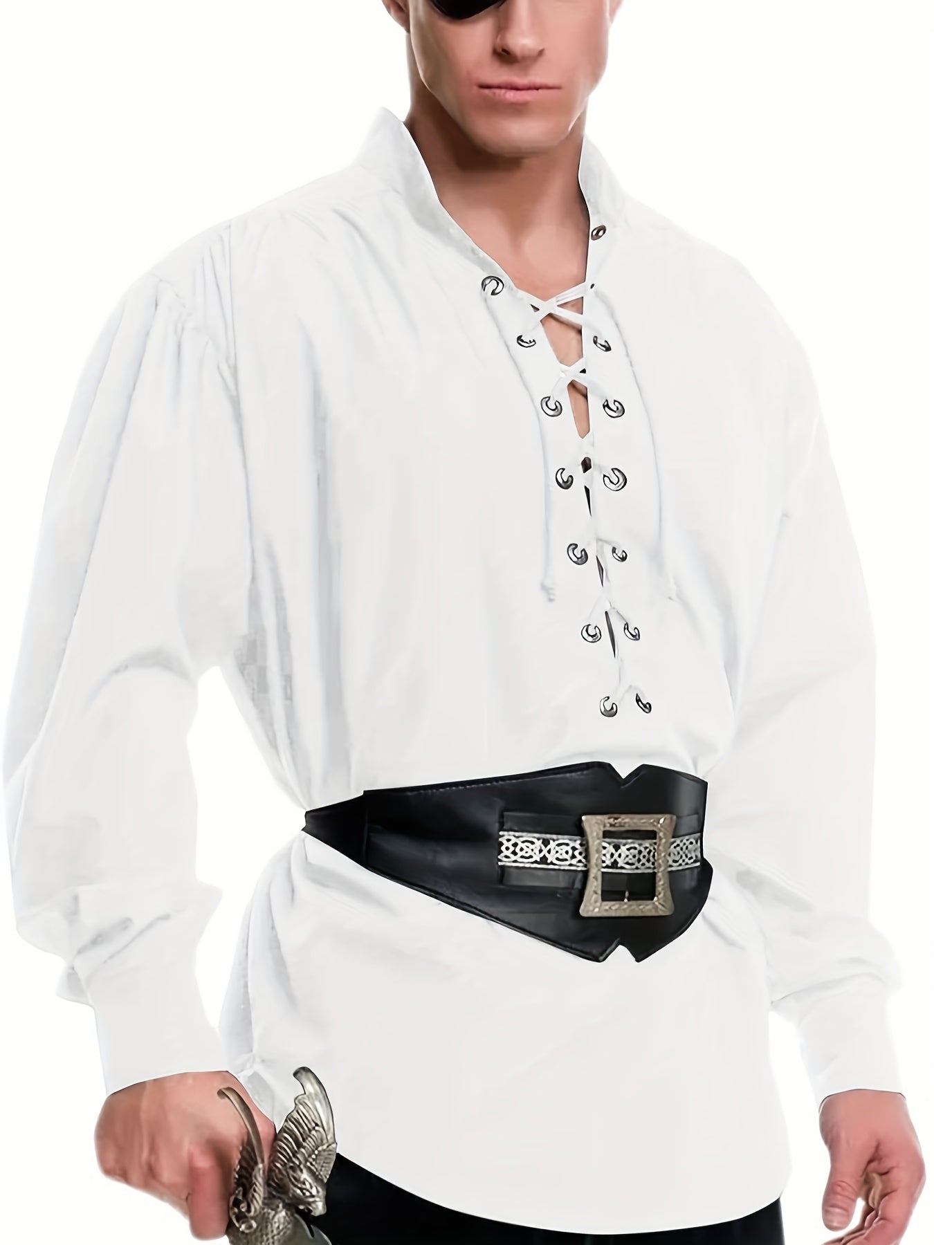 Plus Size Men's Medieval Pirate Shirt, Vintage Style Viking Renaissance Steampunk Halloween Scottish Lace Up Costume Top