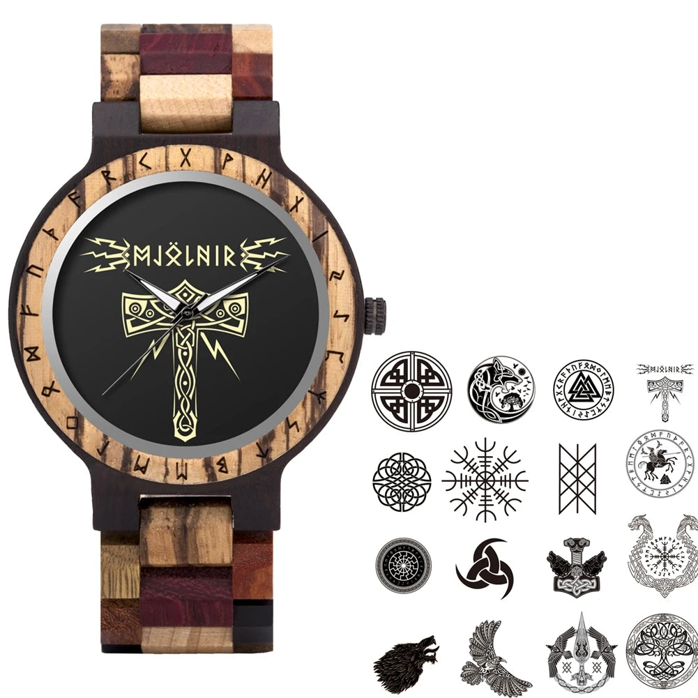 BOBO BIRD Viking Wooden Watches Top Japanese Quartz Movement Wristwatch Unique Men Watch with Helm of Awe Runic Circle Gift Box