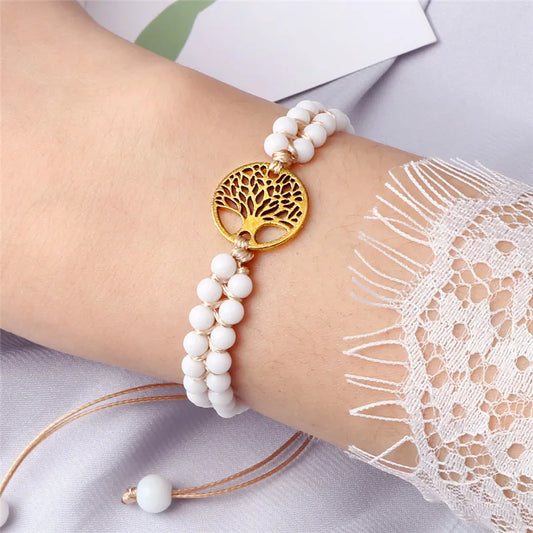 White beaded bracelet  small tree of life