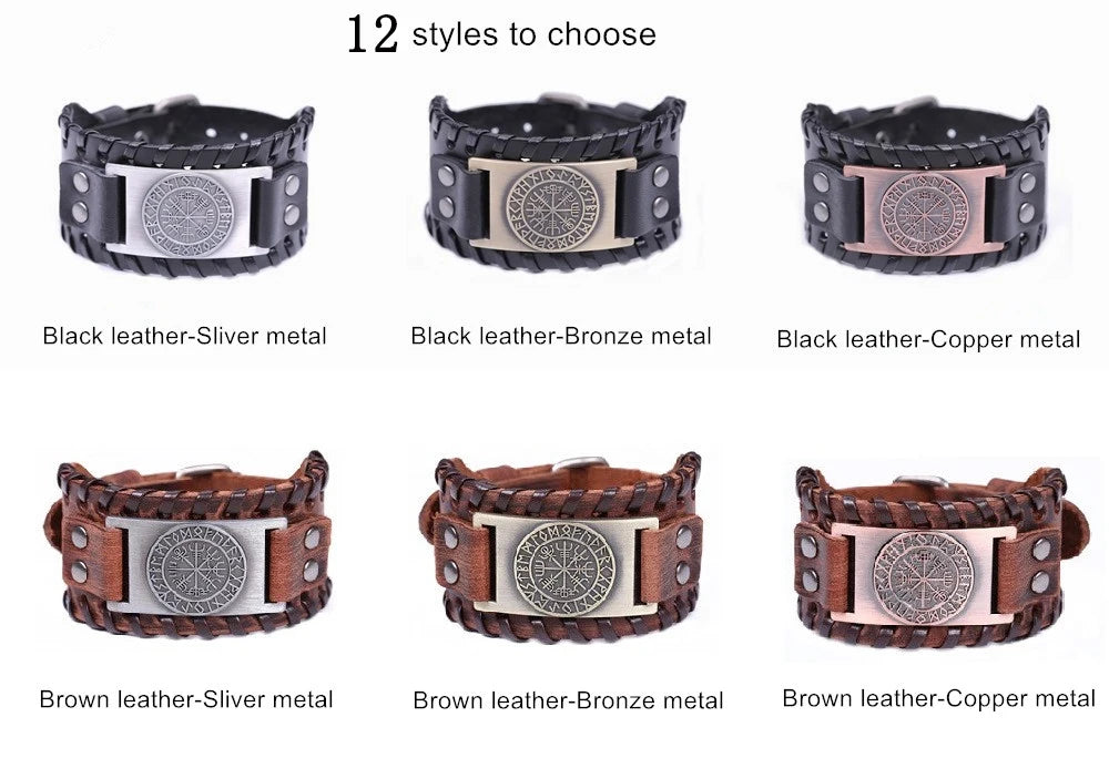 Skyrim Viking Vegvisir Compass Genuine Leather Bracelet for Man Nordic Runes Odin Scandinavian Bangle Amulet Jewelry Gift