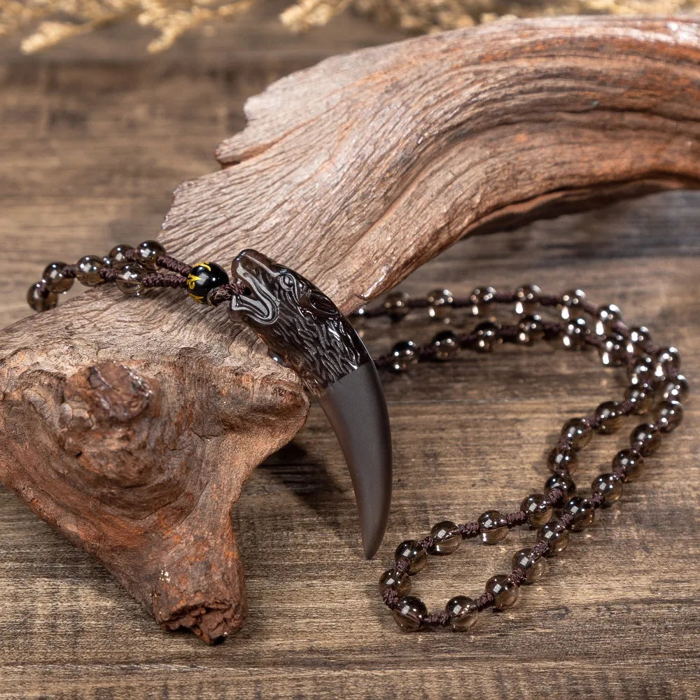 Black natural stone and ice wolf tooth pendant necklace