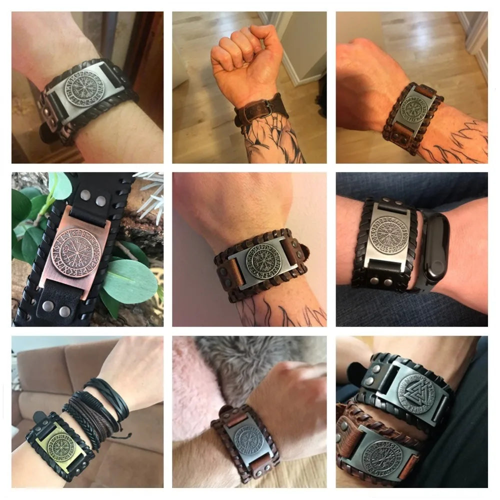 Skyrim Viking Vegvisir Compass Genuine Leather Bracelet for Man Nordic Runes Odin Scandinavian Bangle Amulet Jewelry Gift