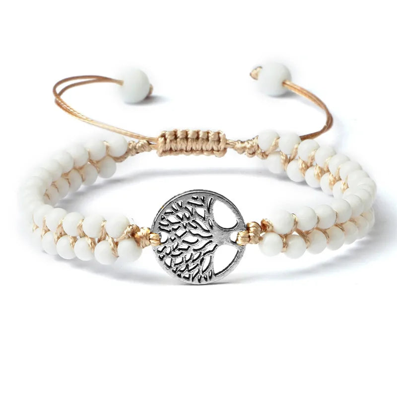 White beaded bracelet  small tree of life