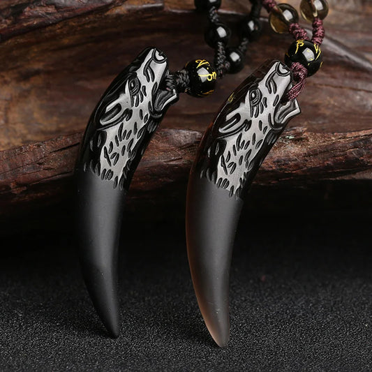 Black natural stone and ice wolf tooth pendant necklace
