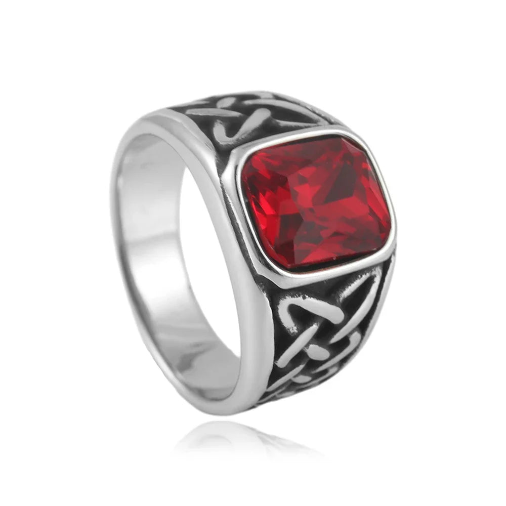 Fashion Vintage Nordic Vikings Knot Rune Rings For Men Women Stainless Steel Square Red Stone Ring Party Jewelry Gifts Wholesale