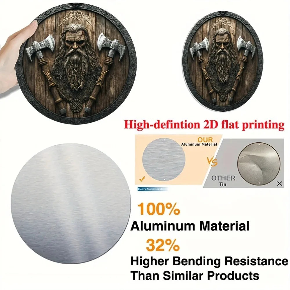Viking Shield Aluminum Wall Art - 8x8" Round 2D Flat, Axe Design Nordic Decor for Home Office, Halloween Gift