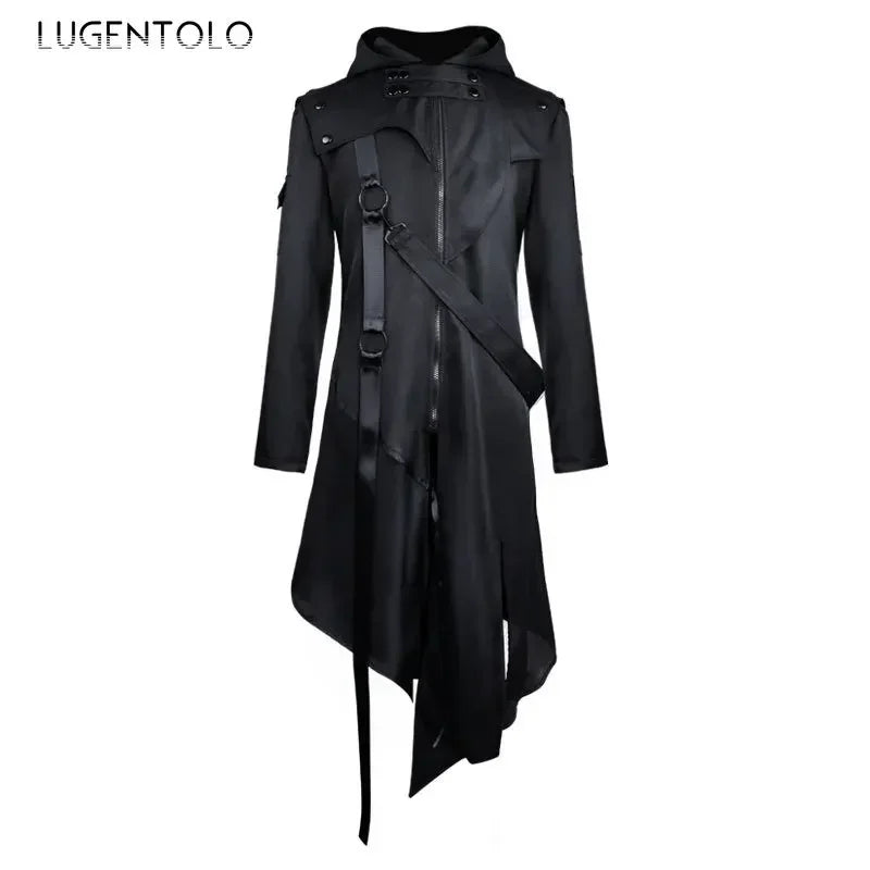 Men Gothic Steampunk Jacket Halloween Tailcoat Cosplay Hooded Assassin Costume Medieval Viking Warrior Zipper Black Coat 5XL