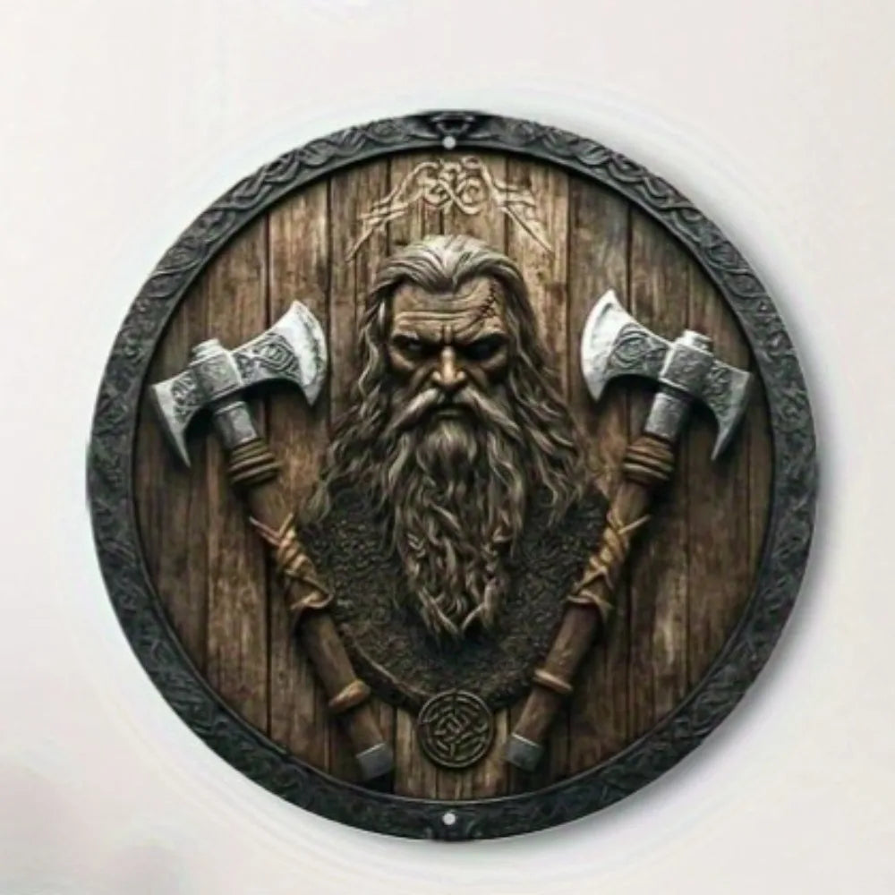 Viking Shield Aluminum Wall Art - 8x8" Round 2D Flat, Axe Design Nordic Decor for Home Office, Halloween Gift