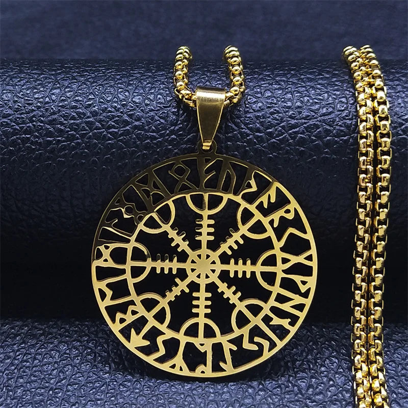 Viking Compass Helm Rune Amulet Necklace Silver Color Stainless Steel Symbol of Protection Necklace Pagan Jewelry N7024S01