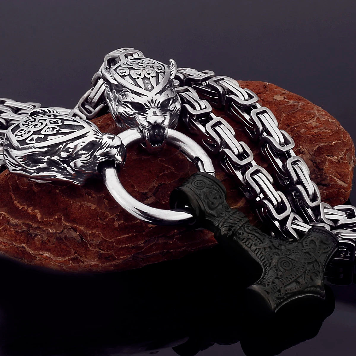 Black Mjolnir Fenrir chain gold silver